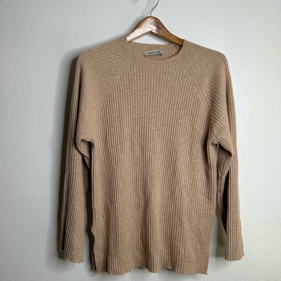 Gentle Herd Tan Ribbed Oversized Neutral Wool Cashmere Pullover Sweater M - Picture 2 of 12